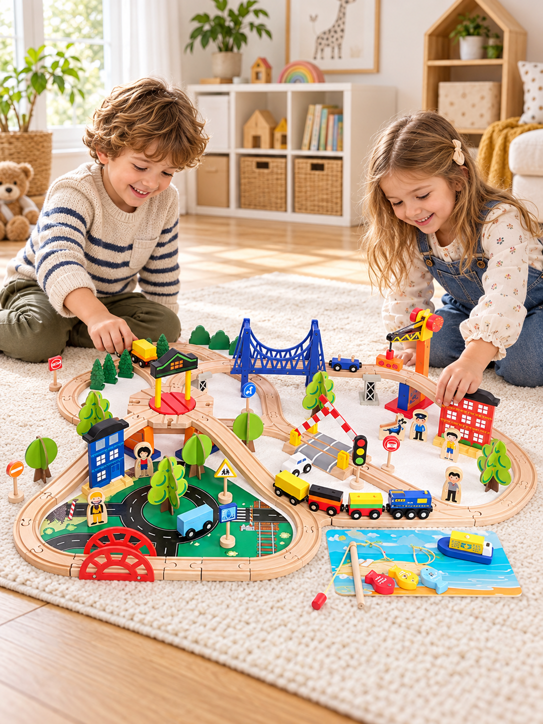 Children playing with wooden train tracks